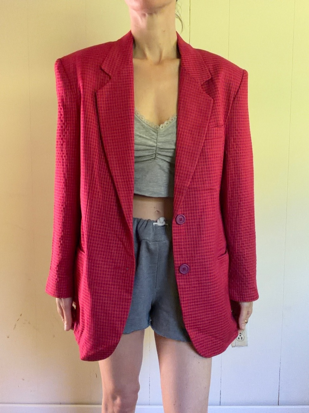 vintage 90s red gingham linen blazer summer cottage core